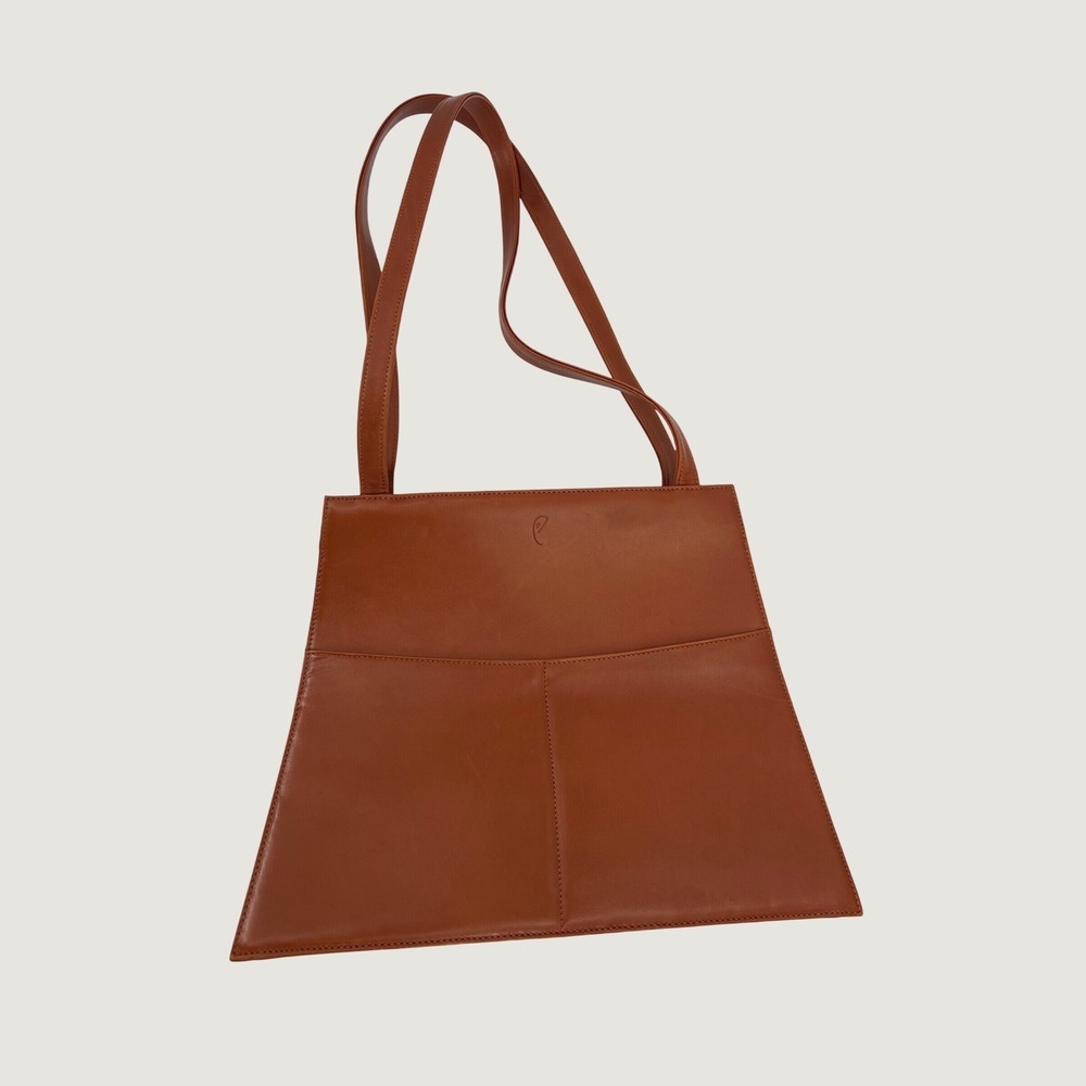 Vintage INDE Cognac Brown Leather Trapezoid Shoulder Bag Minimalist Tote 90s Y2K